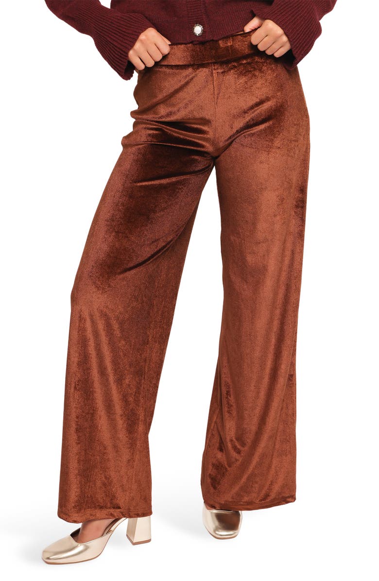 Petal & Pup Riley Stretch Velvet Wide Leg Pants, Main, color, Chocolate