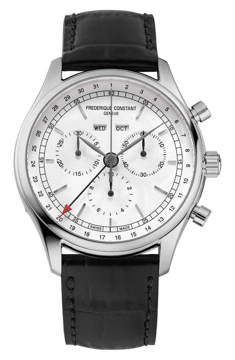 FREDERIQUE CONSTANT Classics Chronograph Leather Strap Watch, 40mm, Main, color, Silver-Tone