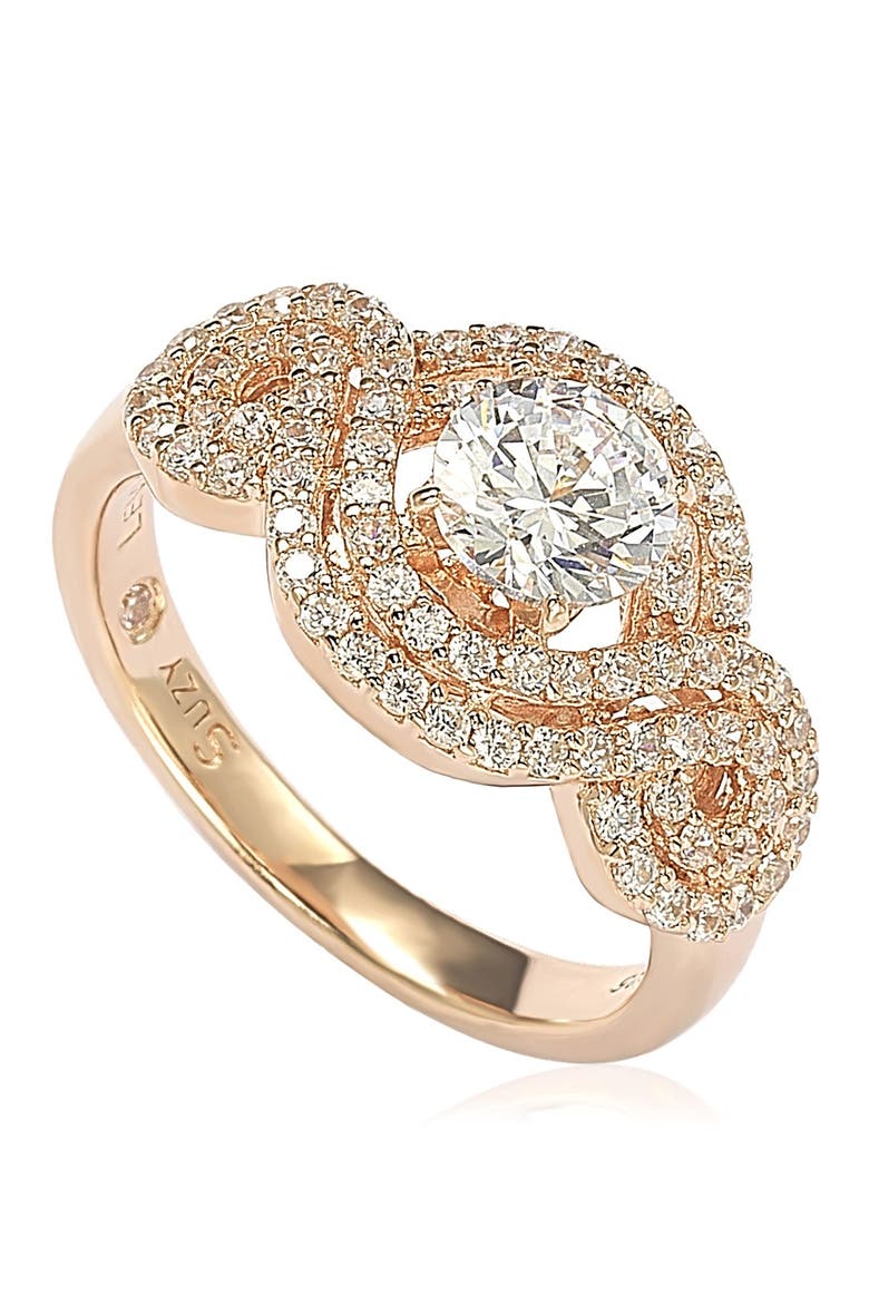 Rose Plated Sterling Silver Round Cubic Zirconia Halo Engagement Ring, Alternate, color, ROSE