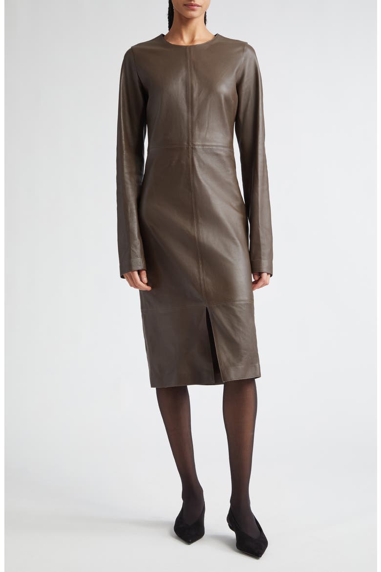leather look long sleeve dress Long Sleeve Fur Detail Faux Leather Dress Brown