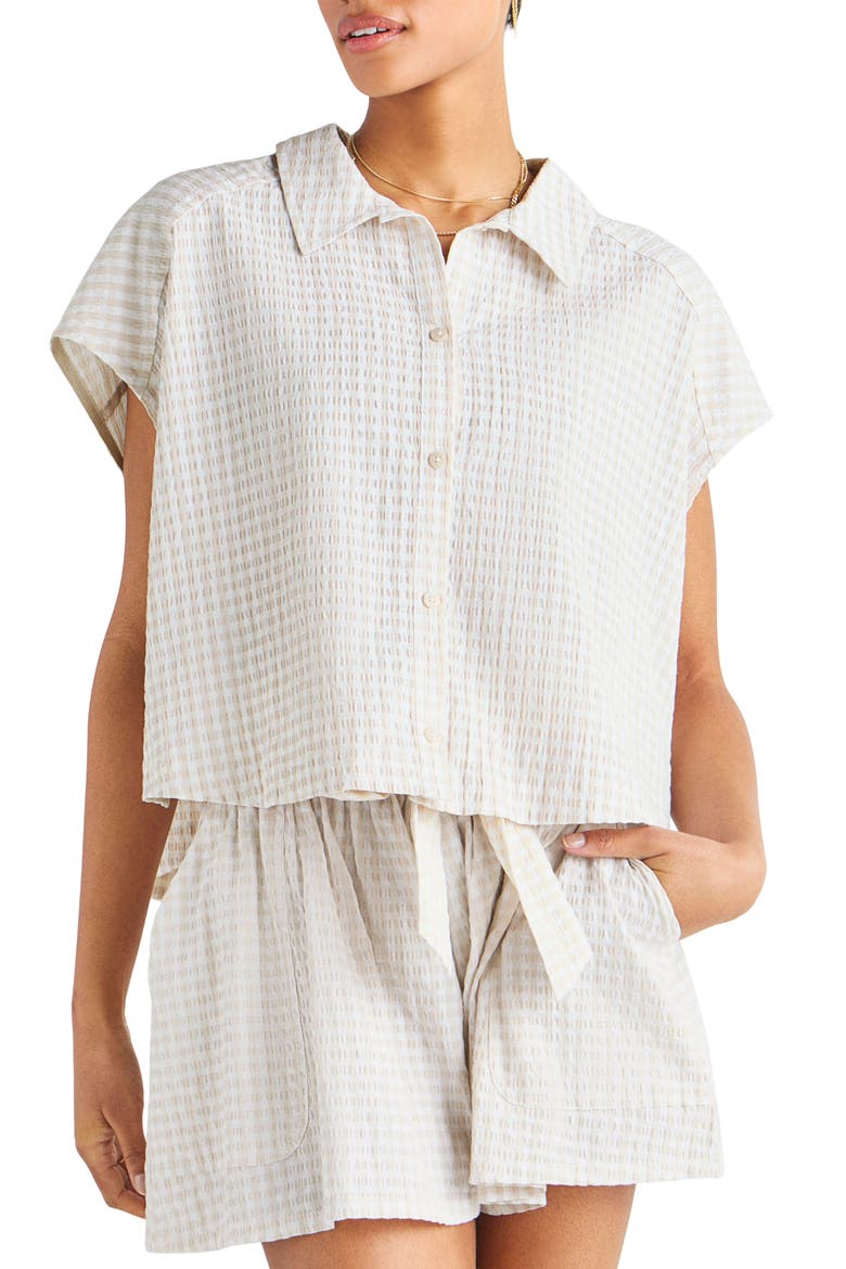 Gabrielle Cotton Blend Gingham Button-Up Shirt, Alternate, color, WHITE SAND/ WHITE