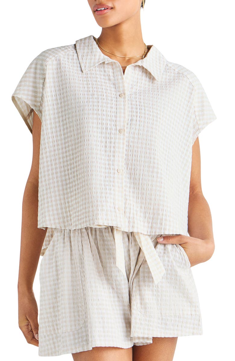 Splendid Gabrielle Cotton Blend Gingham Button-Up Shirt, Alternate, color, White Sand/ White