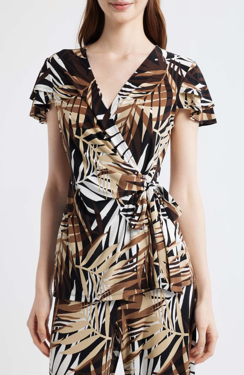 Anne Klein Leo Print Flutter Sleeve Wrap Top, Main, color, Anne Black Multi