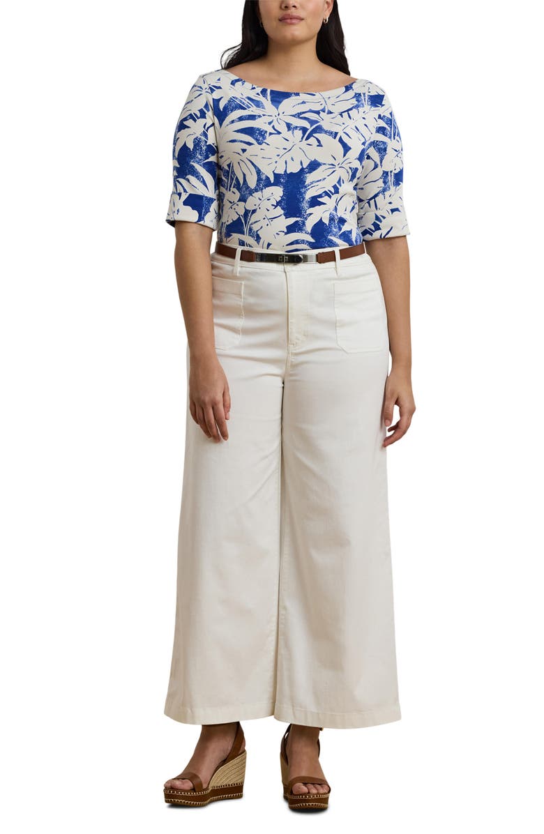 Lauren Ralph Lauren Palm Front Print Stretch Cotton Boatneck T-Shirt, Alternate, color,