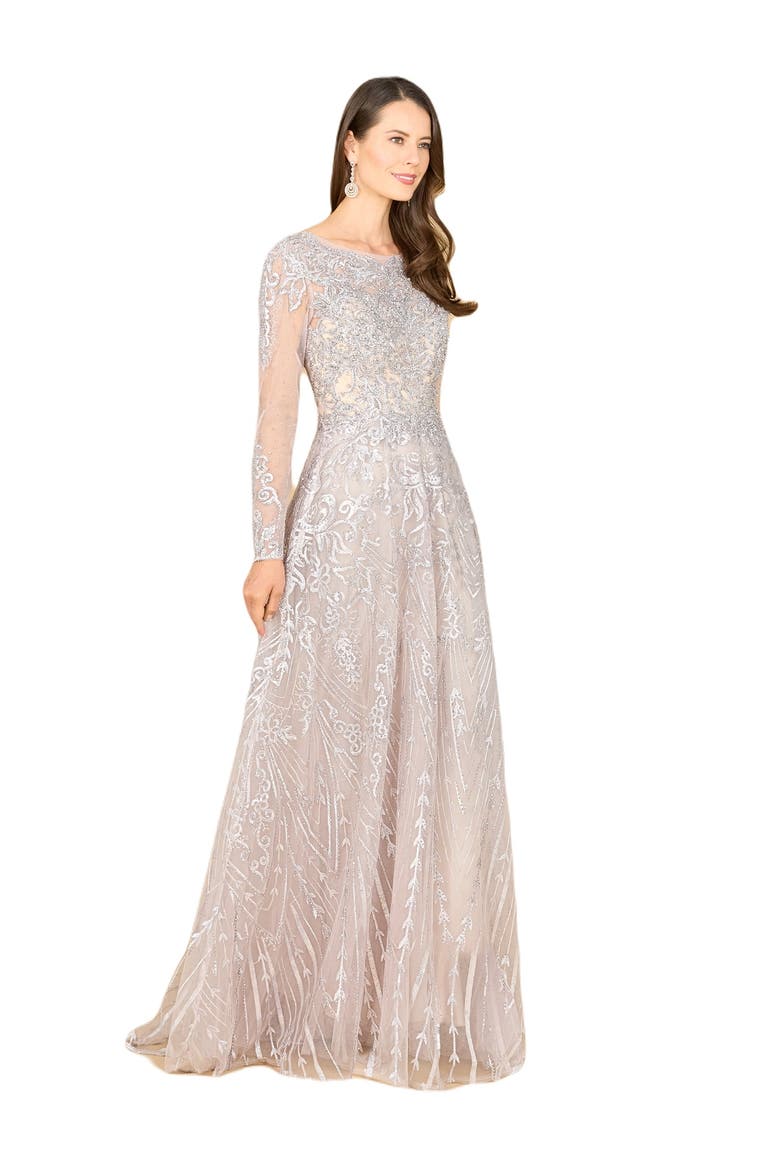 Long Sleeve High Neck Gown, Alternate, color, Fog