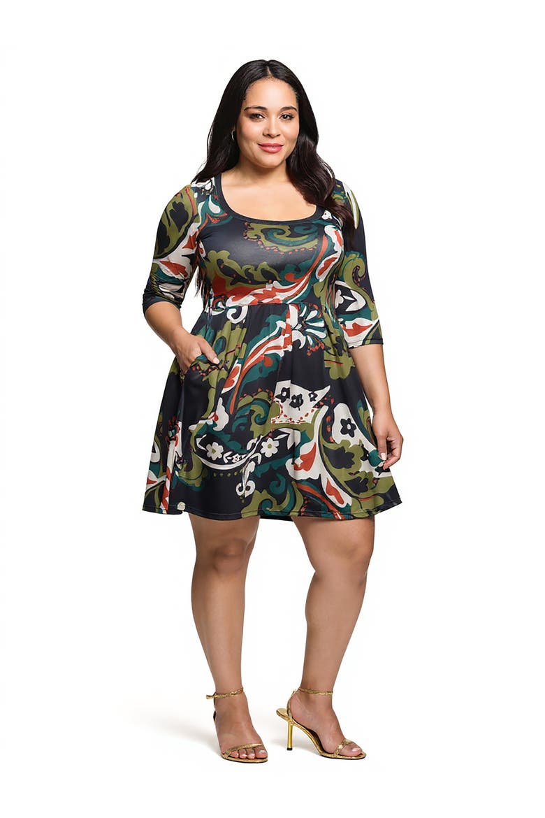 Plus Size Three Quarter Sleeve Fit and Flare Dress, Main, color, Green Multi