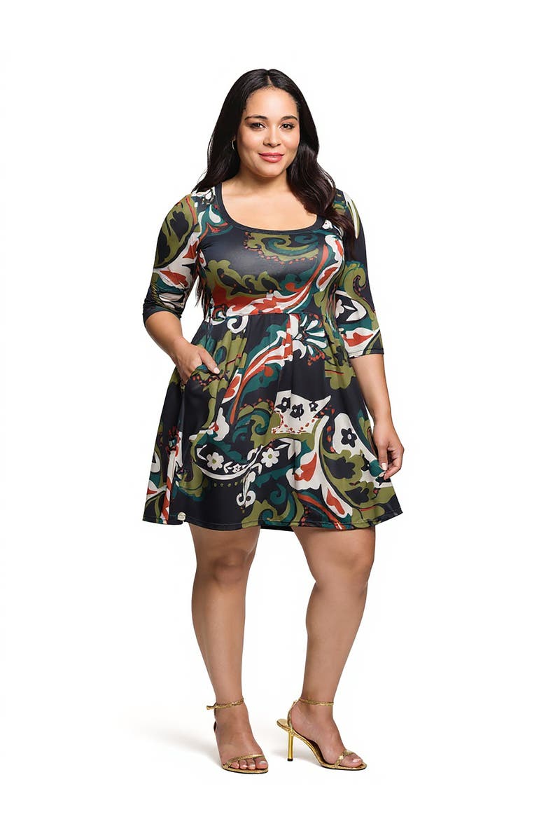 24seven Comfort Apparel Plus Size Three Quarter Sleeve Fit and Flare Dress, Main, color, Green Multi