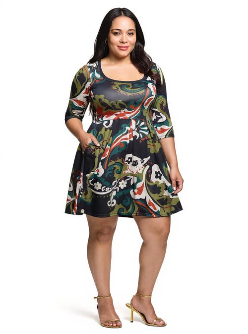 24seven Comfort Apparel Plus Size Three Quarter Sleeve Fit And Flare Dress In Multi