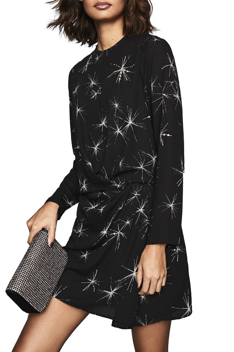 Gabbi Crystal Embellished Twinkle Print Long Sleeve Dress, Main, color, BLACK
