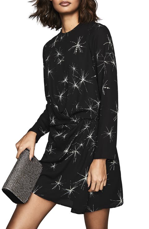 Gabbi Crystal Embellished Twinkle Print Long Sleeve Dress