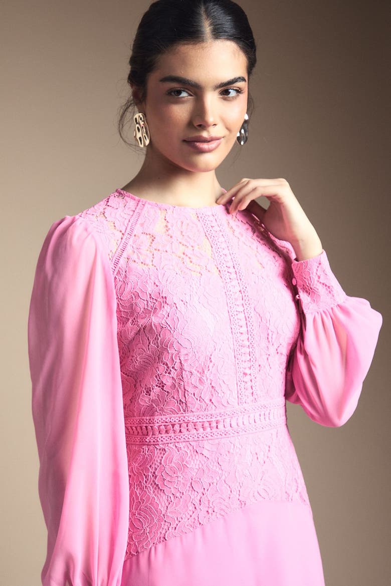 Lace Insert Chiffon Midi Dress, Alternate, color, Pink