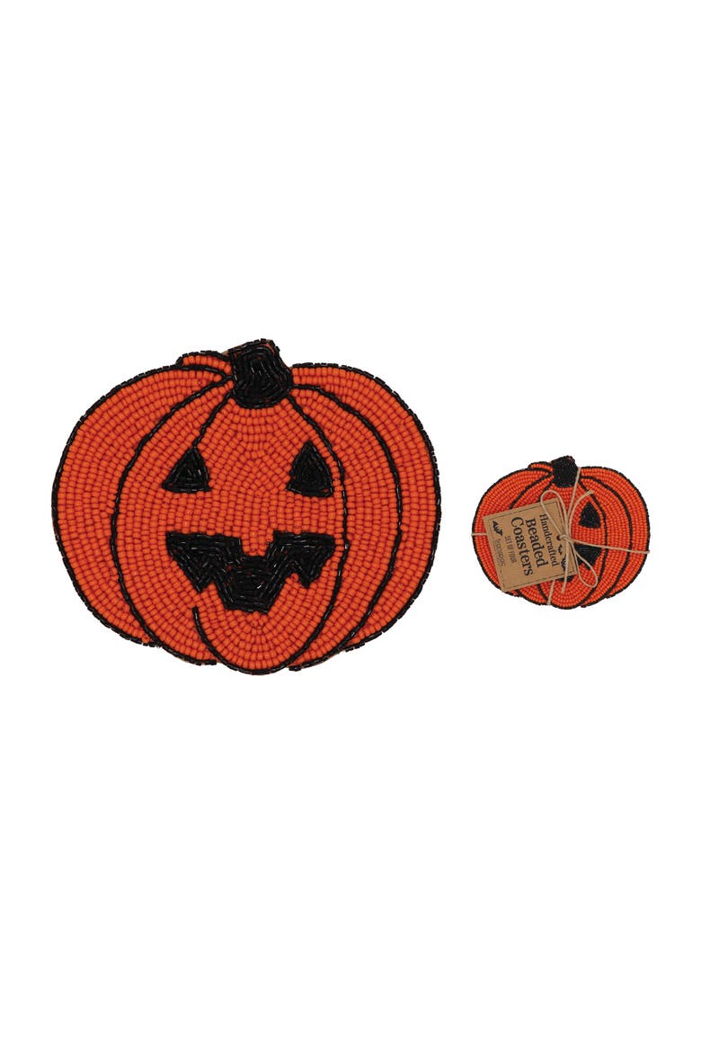 Beaded Pumpkin Coasters Set of 4 Halloween Tabletop Decor, Main, color, Orange