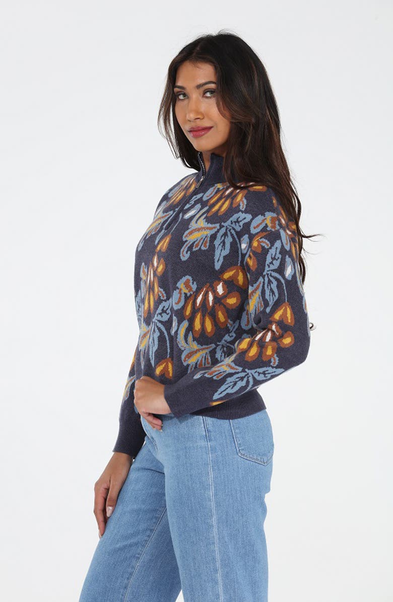 RAIN AND ROSE Floral Quarter Zip Sweater, Alternate, color, Navy
