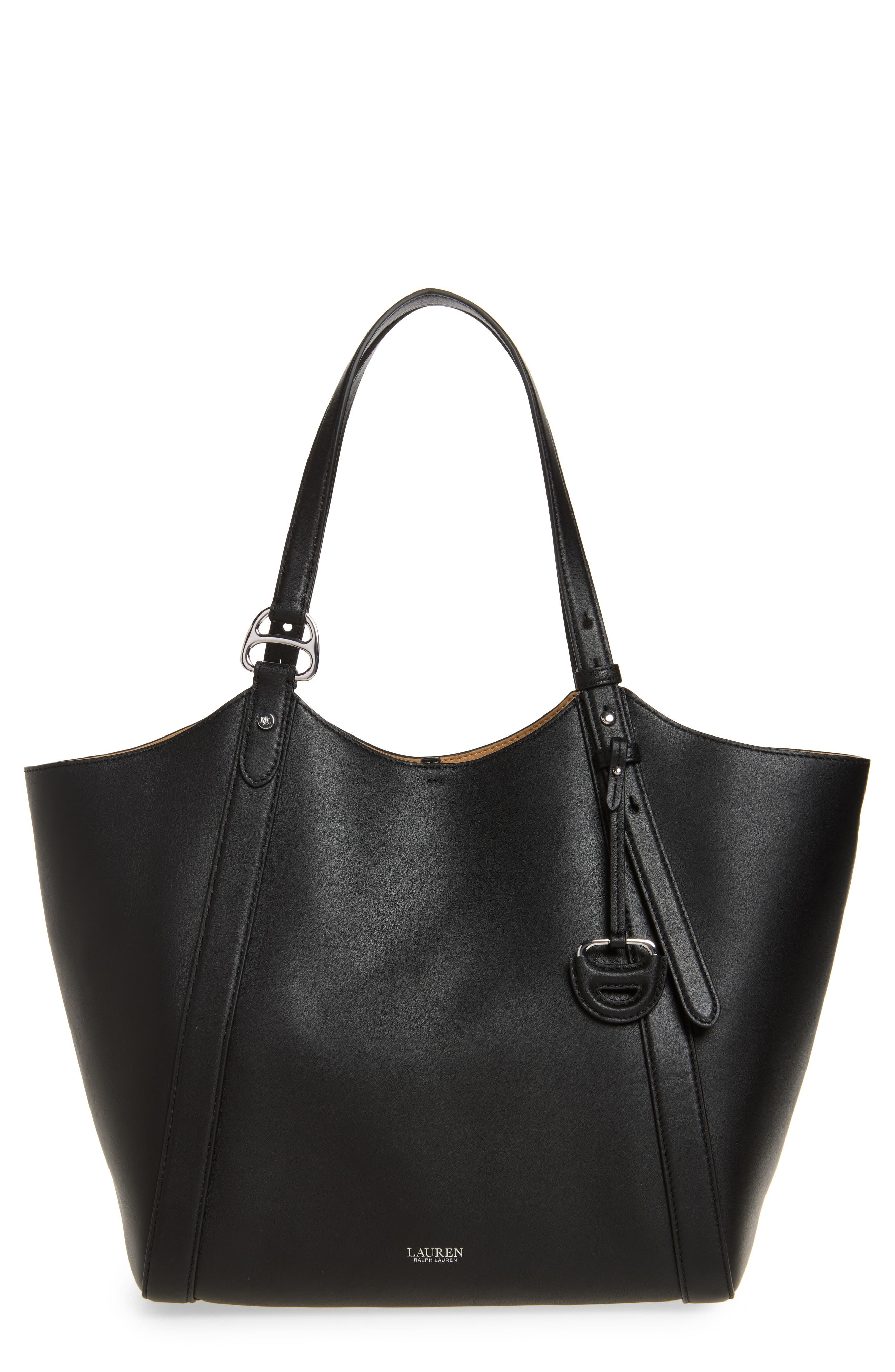 Large Leather Tote, Main, color, BLACK