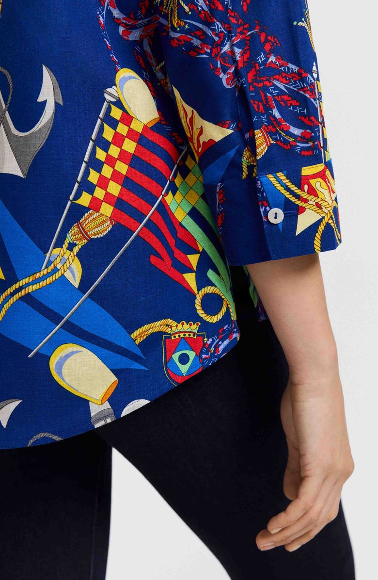 Foxcroft Zoey Nautical Three Quarter Sleeve Linen Blend Button-Up Shirt, Alternate, color, 