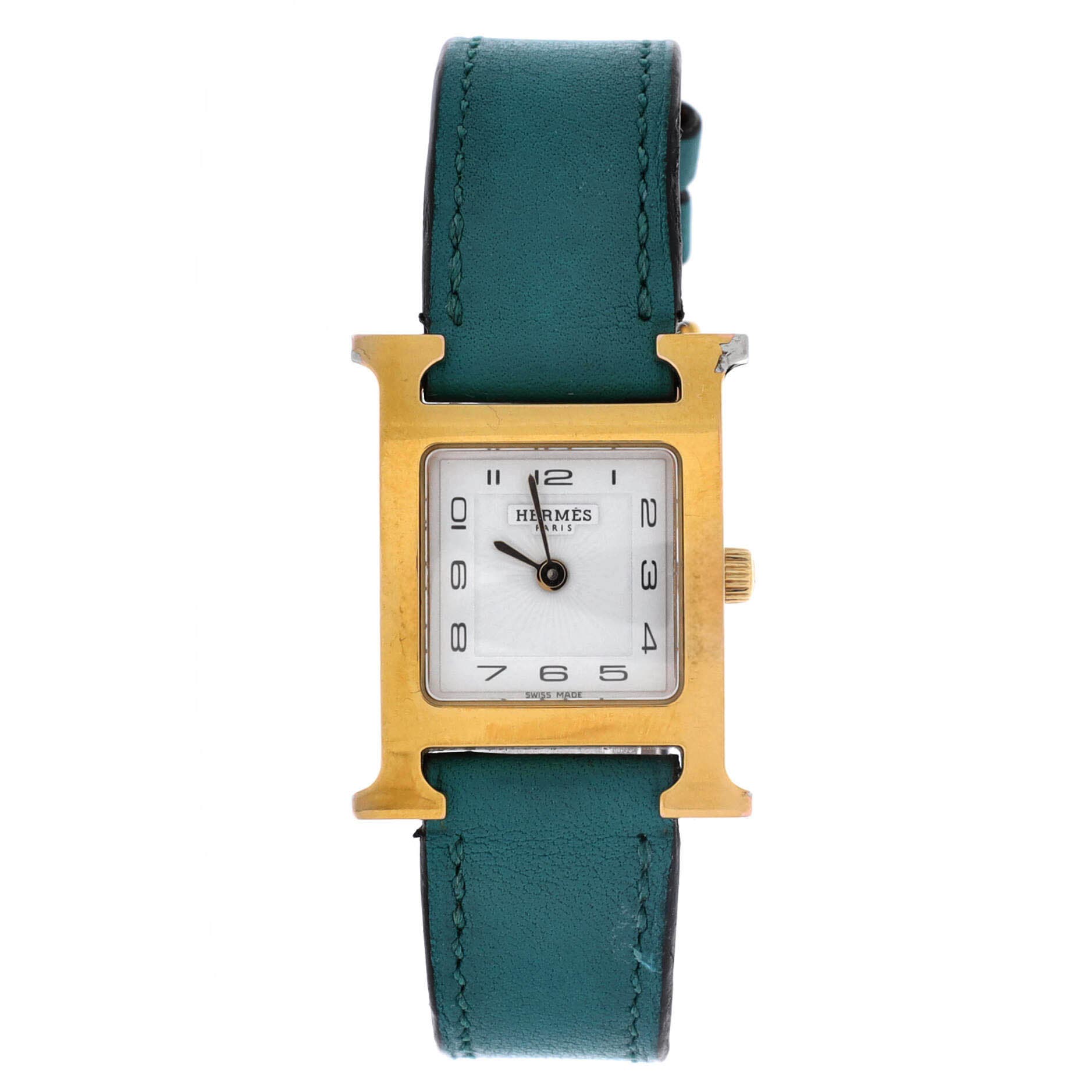 Pre-Owned Hermes Heure H Quartz Watch Plated Metal and Leather 21, Main, color, Green