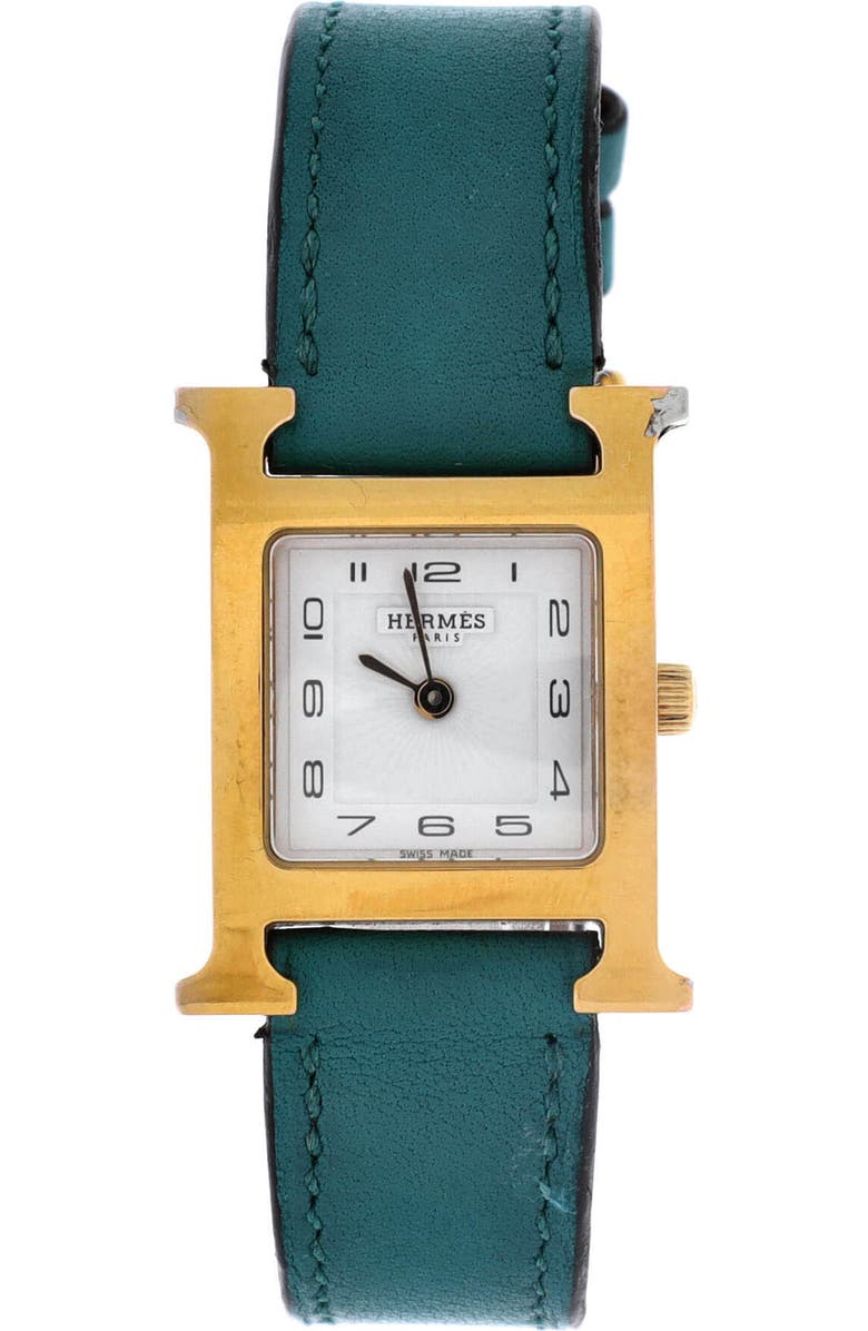 Pre-Owned Hermes Heure H Quartz Watch Plated Metal and Leather 21, Main, color, Green