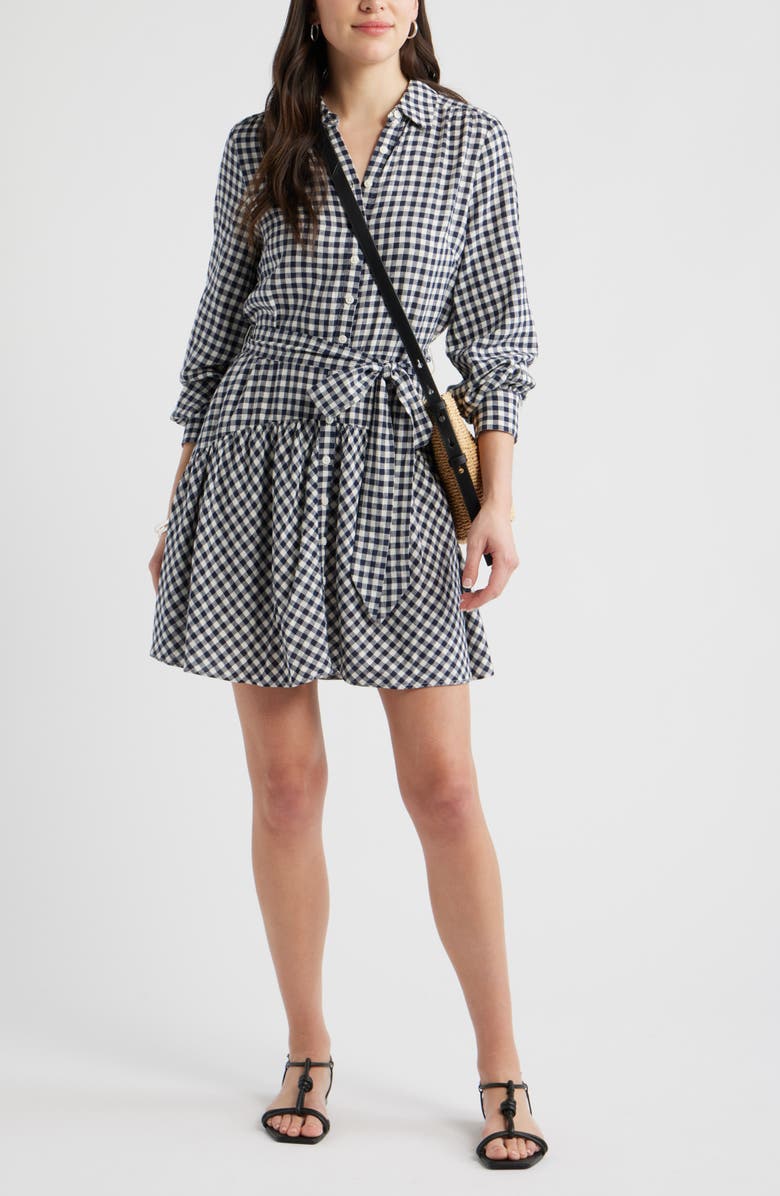 Caslon<sup>®</sup> Long Sleeve Linen Blend Mini Shirtdress, Alternate, color, Navy Still- Ivory Bea Gingham