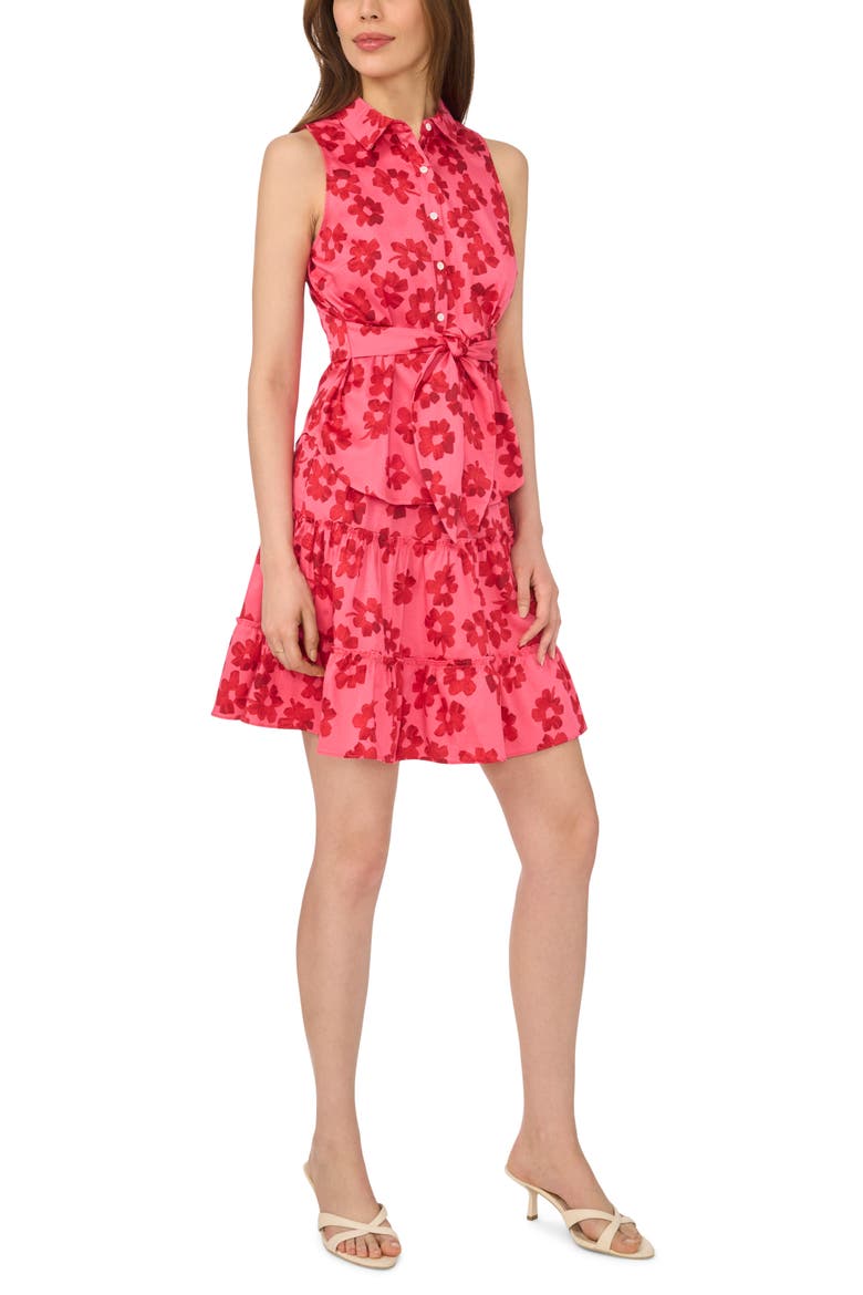 Floral Tie Waist Sleeveless Stretch Cotton Button-Up Shirt, Alternate, color, CLASSIC CHERRY