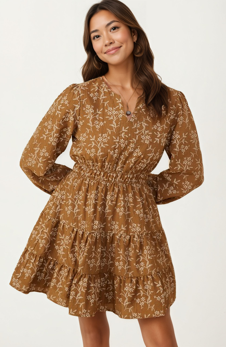 Knit and Lounge Long Sleeve Smocked Tiered Mini Dress, Alternate, color, Brown Floral Print