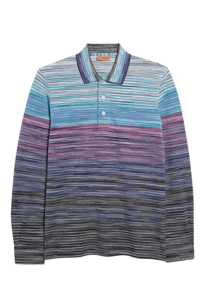 Space Dye Ombré Stripe Long Sleeve Polo, Main, color, BLUE/ VIOLET/ DARK BLUE/ BLACK
