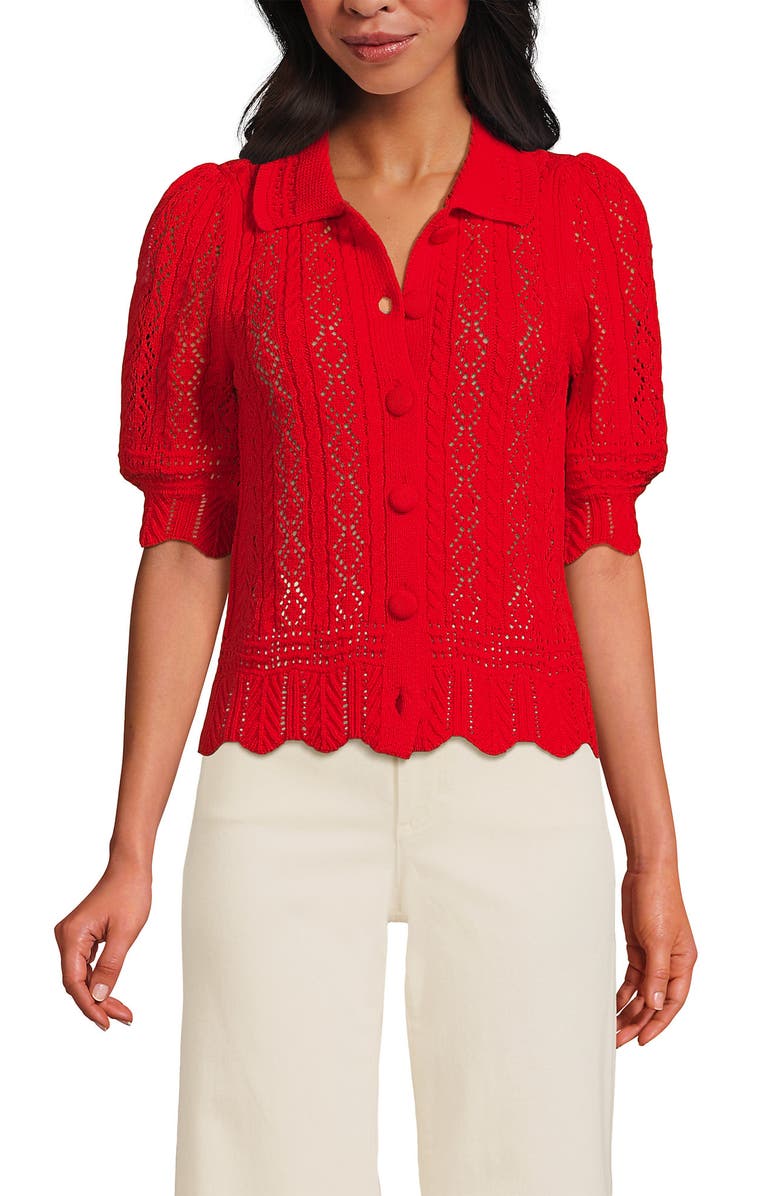 Lands' End Lace Pointelle Puff Sleeve Cardigan Sweater, Main, color,