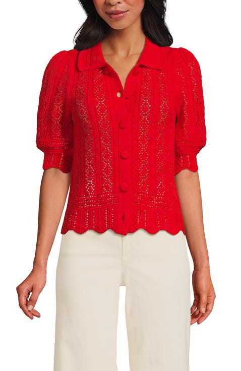 Lace Pointelle Puff Sleeve Cardigan Sweater