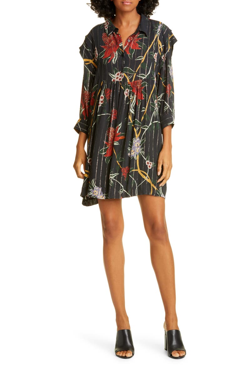 ba&sh Paprika Floral Metallic Stripe Babydoll Shirtdress, Main, color, 