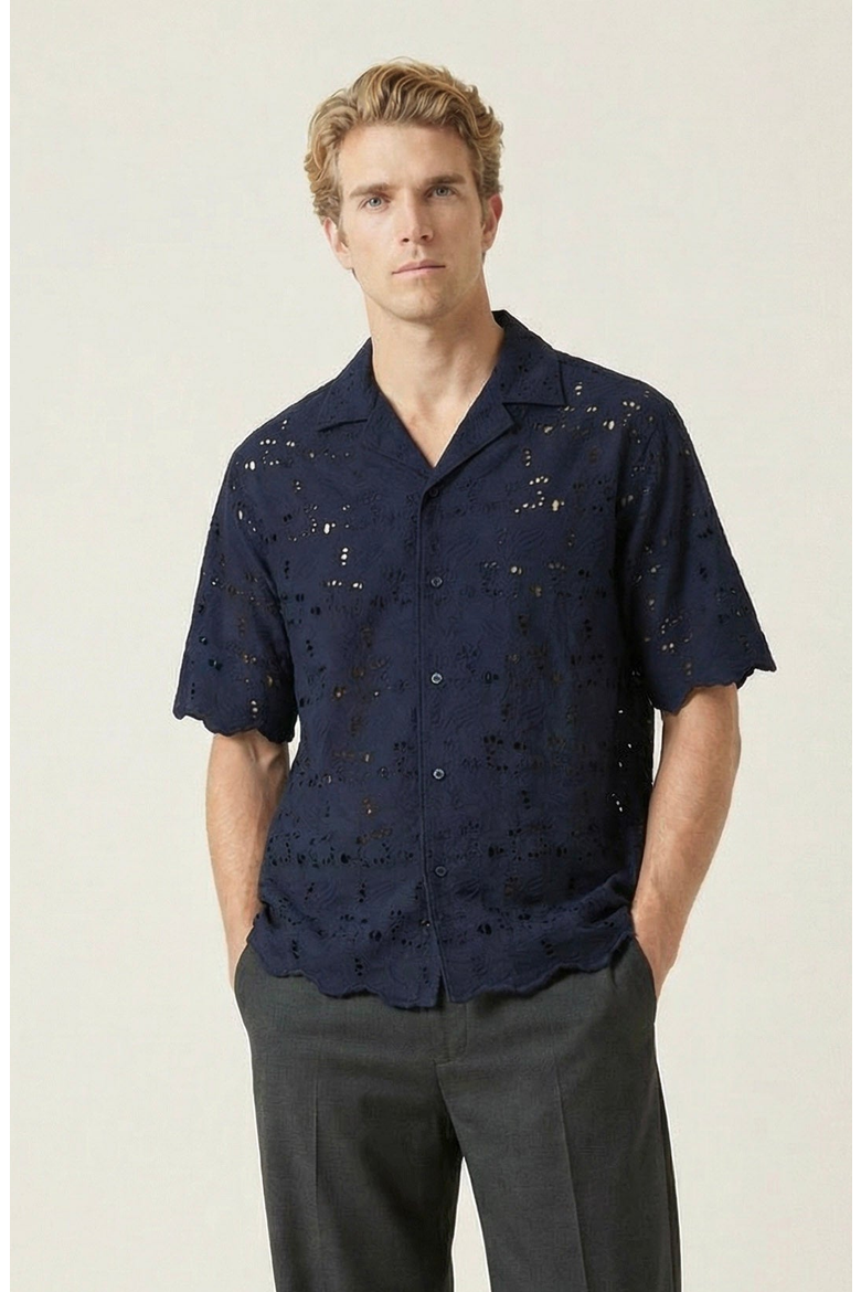 Textured Open Collar Short Sleeve Shirt, Main, color, Navy Blue