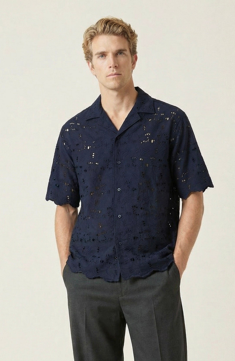 Modenaire Textured Open Collar Short Sleeve Shirt, Main, color, Navy Blue