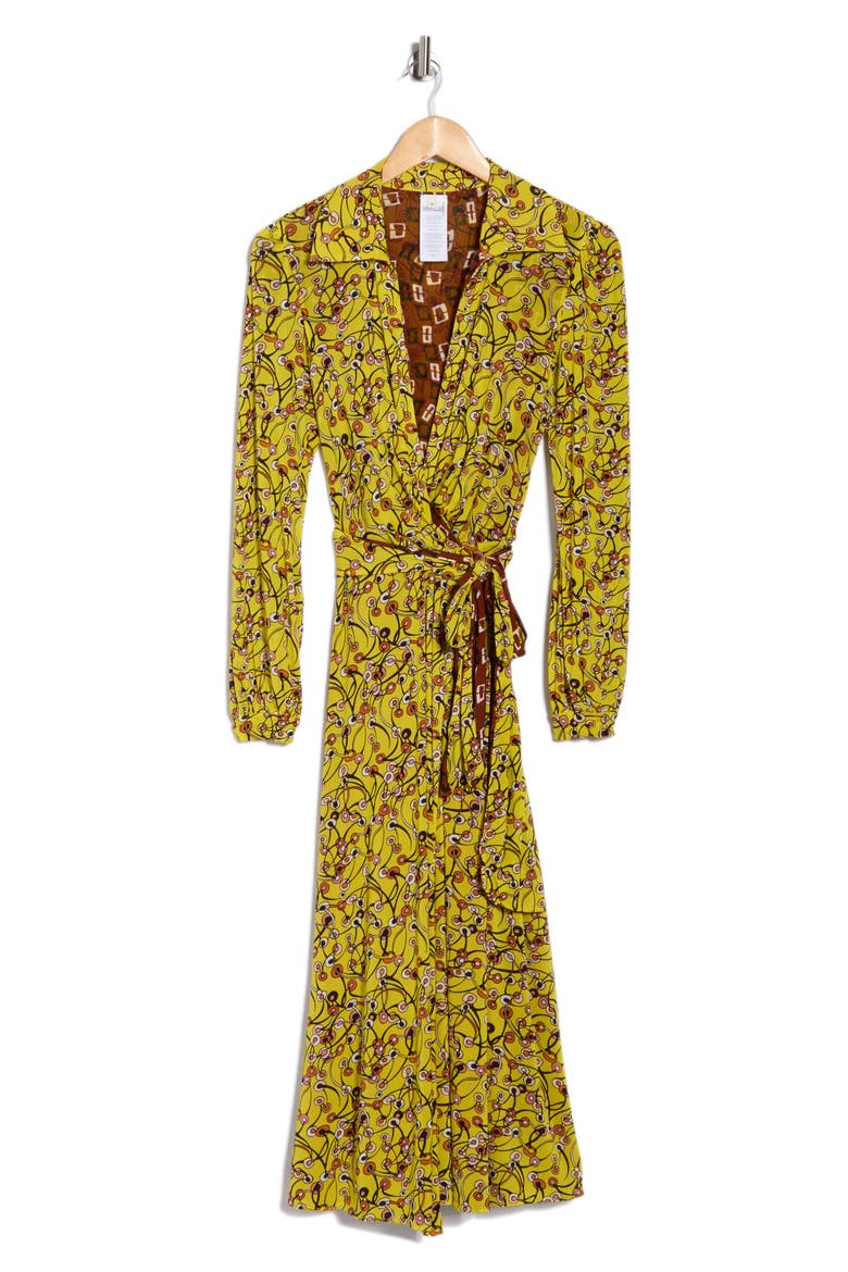 Phoenix Floral Reversible Long Sleeve Wrap Dress, Alternate, color, OLIVE YELLOW/ BROWN SM