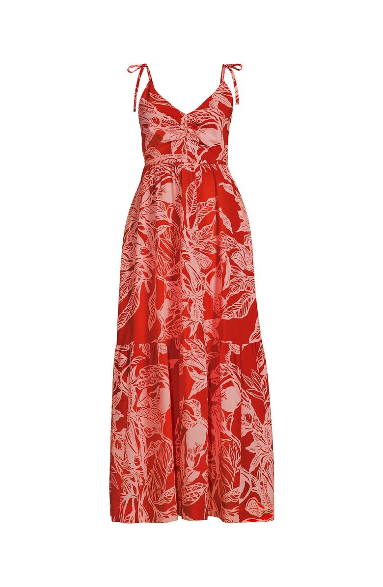 Lands' End Cotton Voile Vneck Tie Strap Maxi Dress, Alternate, color, Mandarin Orange Etched Leaves