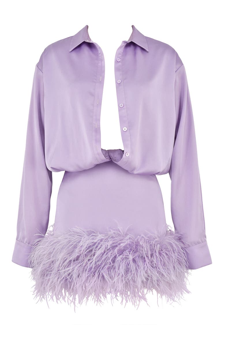Tyra Feather Trim Long Sleeve Satin Shirtdress, Alternate, color, ORCHID