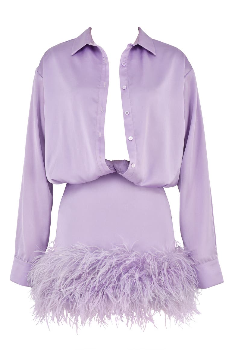 HOUSE OF CB Tyra Feather Trim Long Sleeve Satin Shirtdress, Alternate, color, 