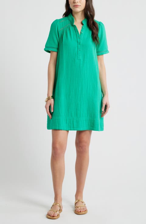 Ruffle Embroidered Inset Cotton Shift Dress