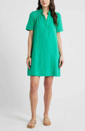 Ruffle Embroidered Inset Cotton Shift Dress