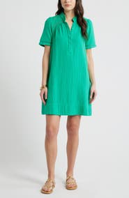 Caslon® Ruffle Embroidered Inset Cotton Shift Dress