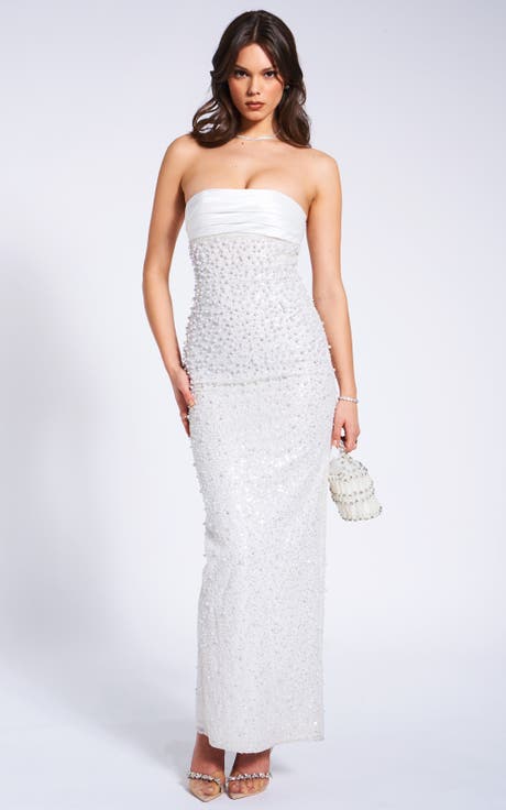 Lainey Sequin Pearl Beaded Strapless Satin Maxi Dress