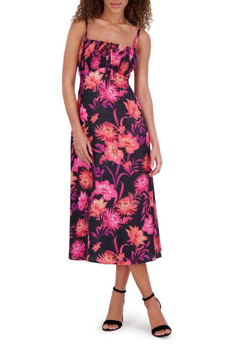 Smocked Bust Midi Sundress, Main, color, BLACK MULTI