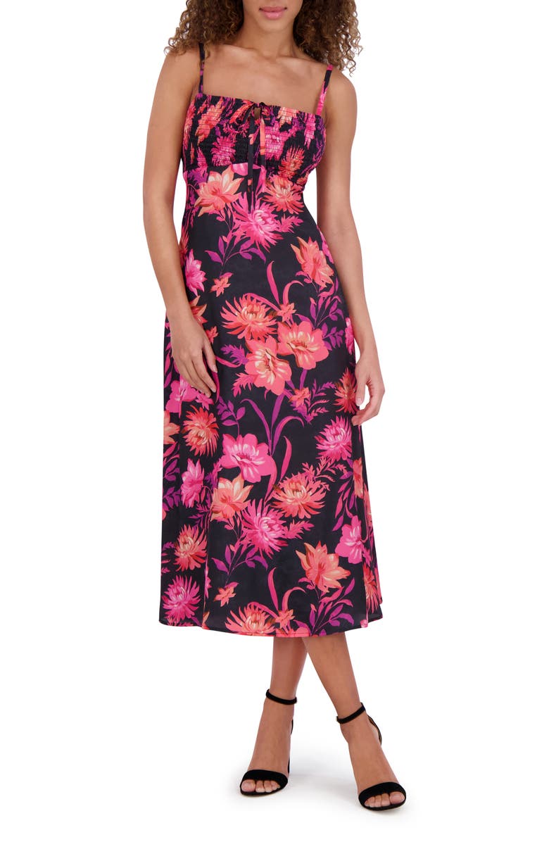 Kensie Smocked Bust Midi Sundress, Main, color, Black Multi