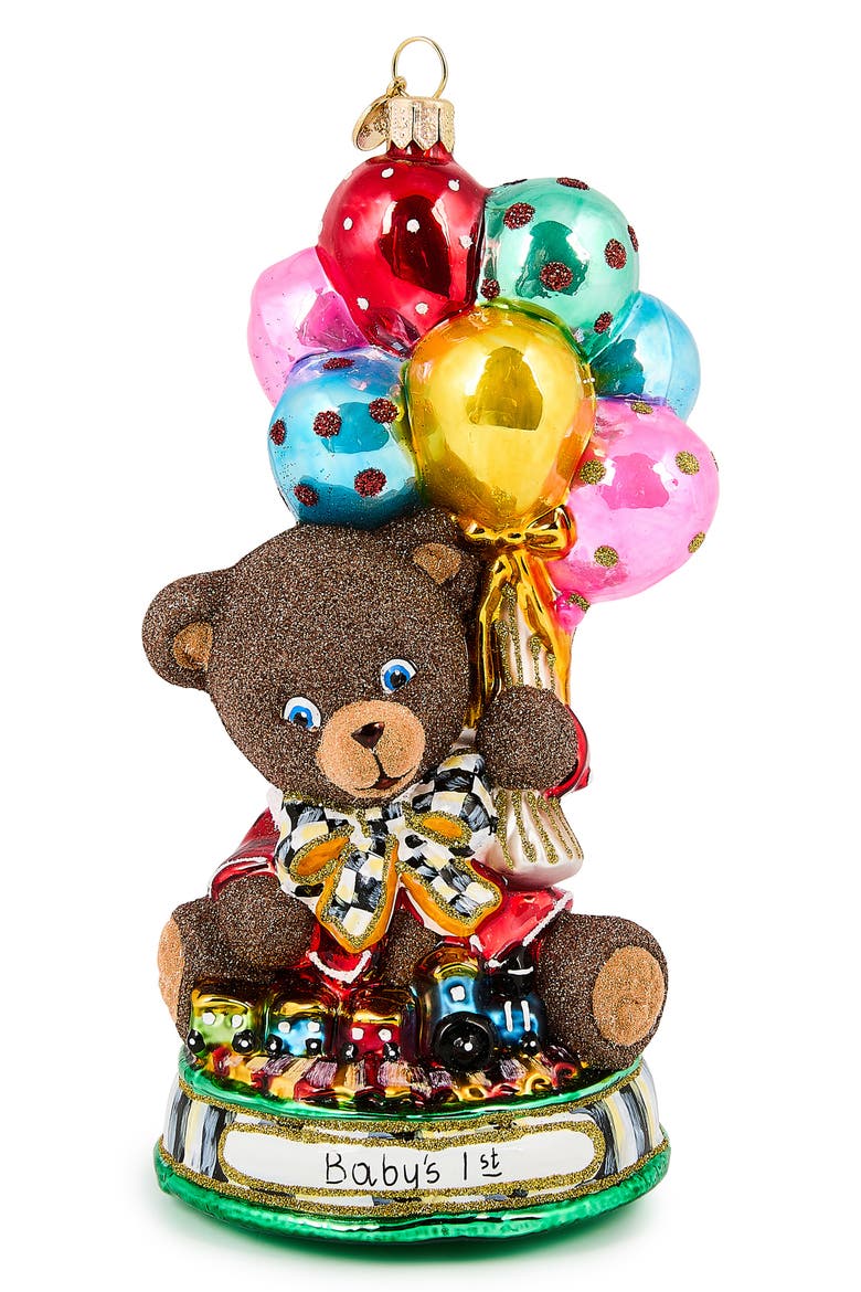 Baby's First Christmas Balloon Bear Glass Ornament, Main, color, BROWN