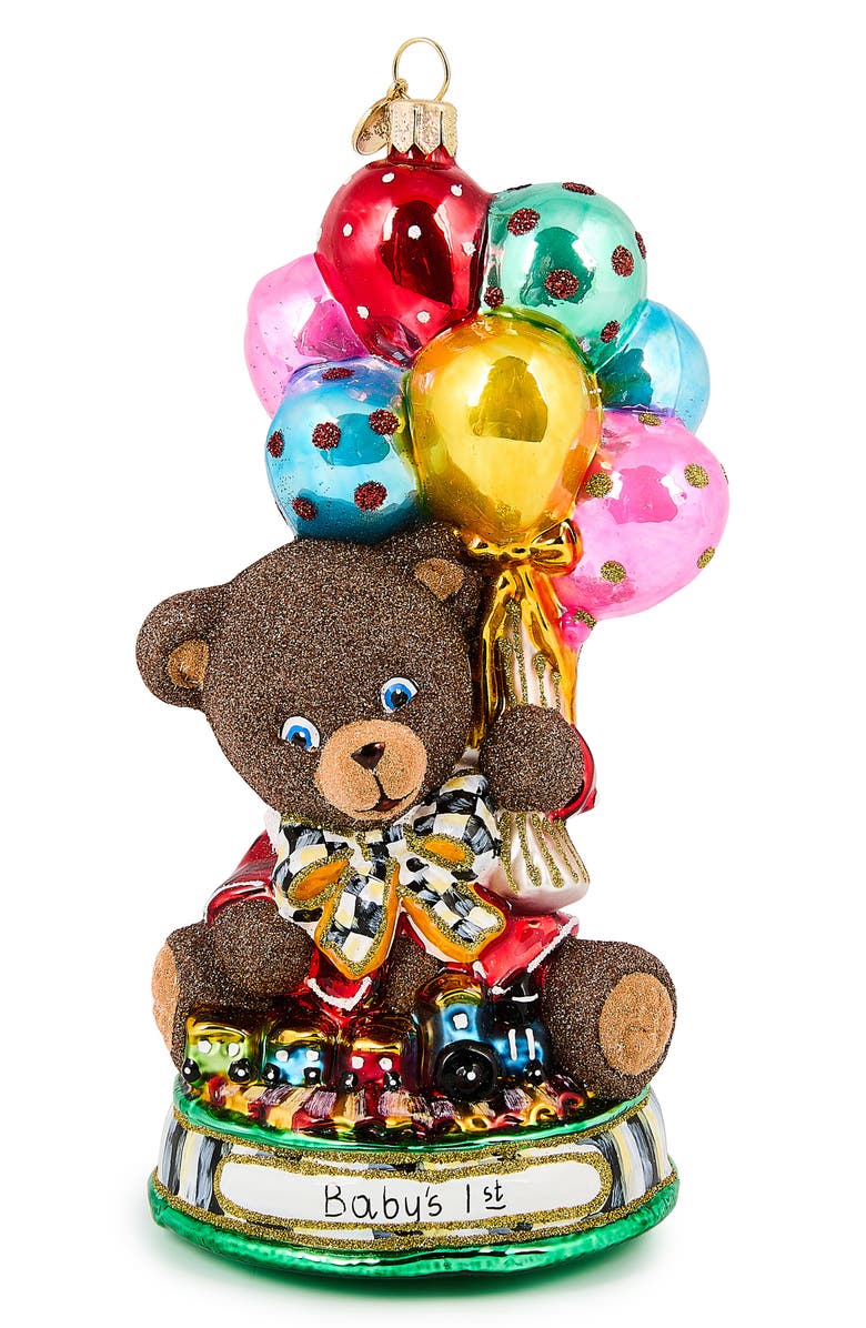 MACKENZIE CHILDS Baby's First Christmas Balloon Bear Glass Ornament, Main, color, Brown