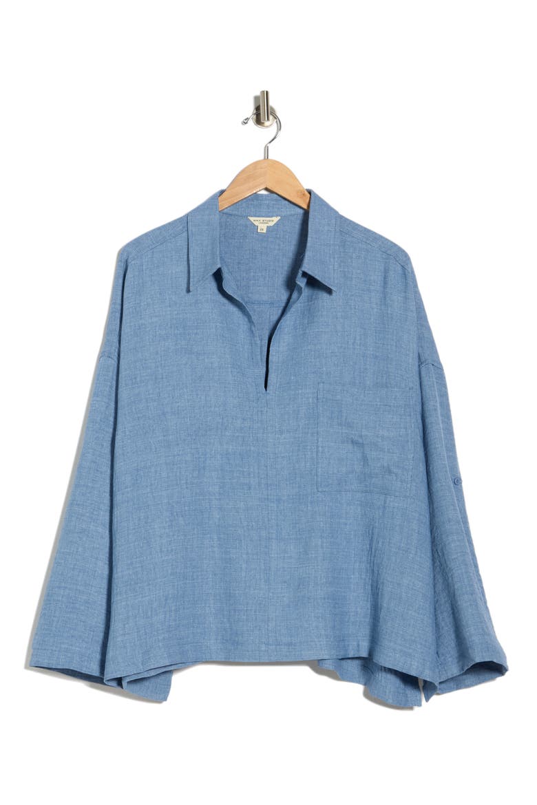 Roll Tab Sleeve Popover Top, Alternate, color, HEATHER CHAMBRAY