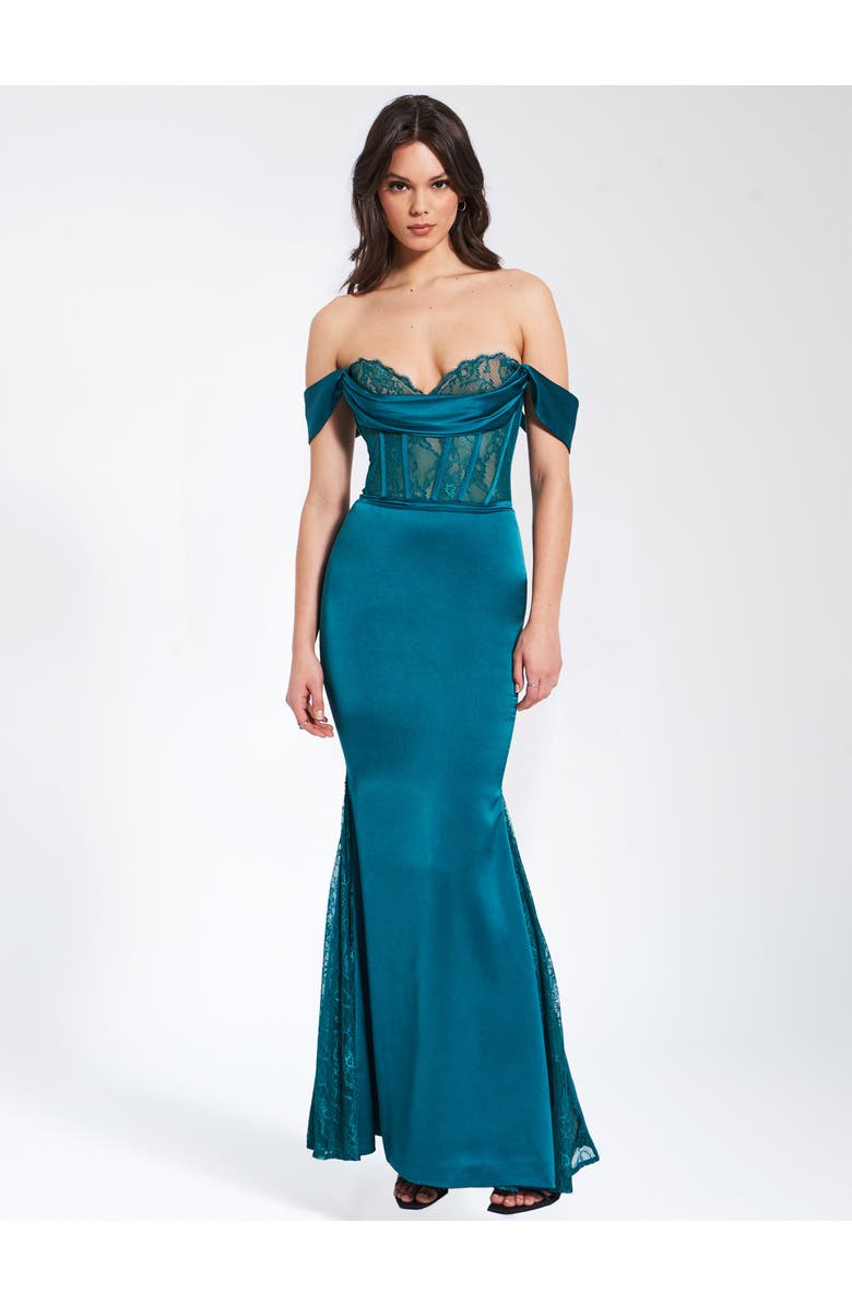 Miss Circle Callista Satin Lace Corset Maxi Dress, Alternate, color, Teal