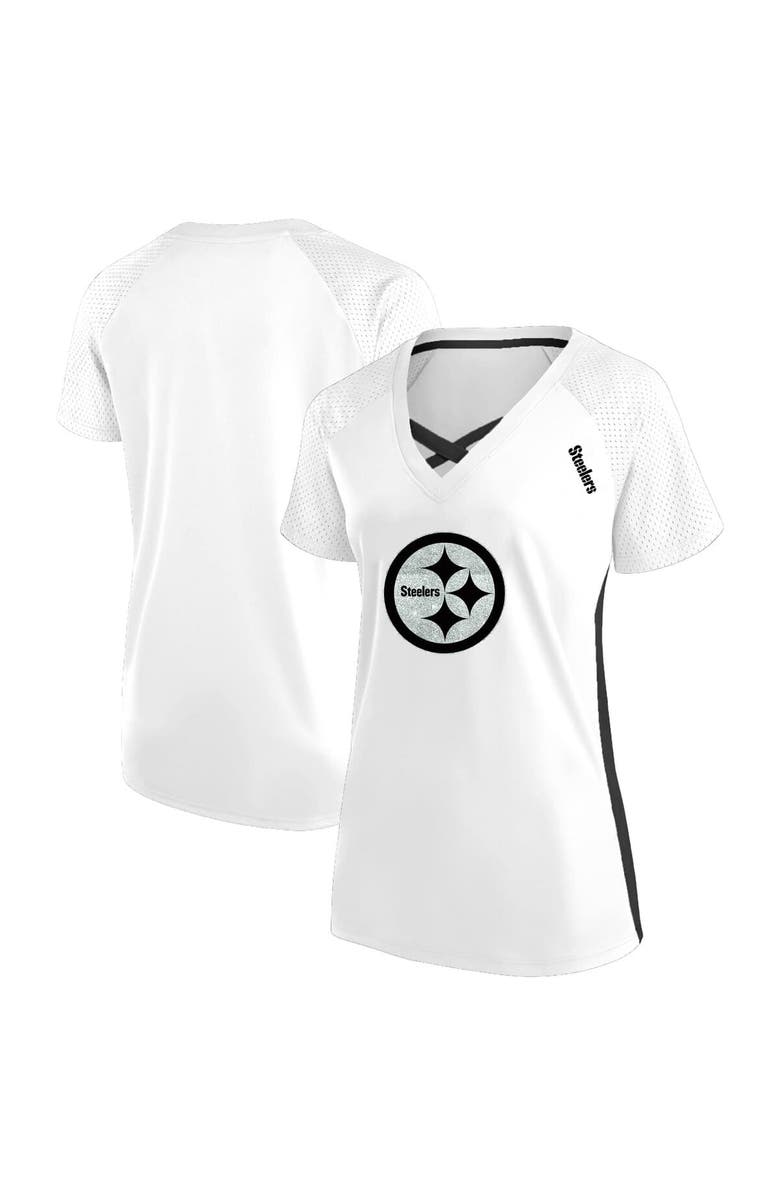FANATICS Women's Fanatics White Pittsburgh Steelers Plus Size Glitter Lace-Up V- Neck T-Shirt, Main, color,