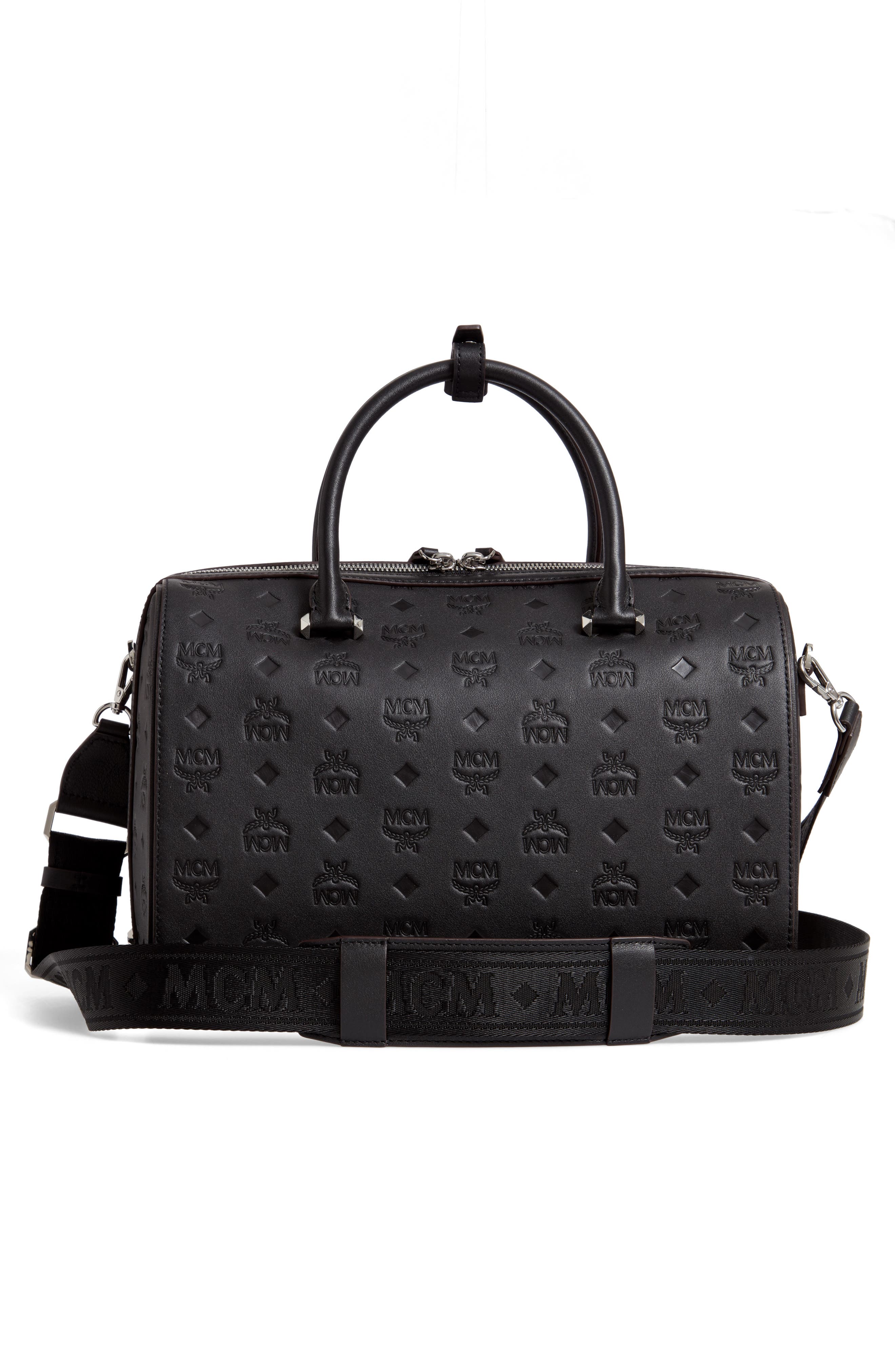 MCM Essential Boston Monogram Leather Satchel, Alternate, color, 