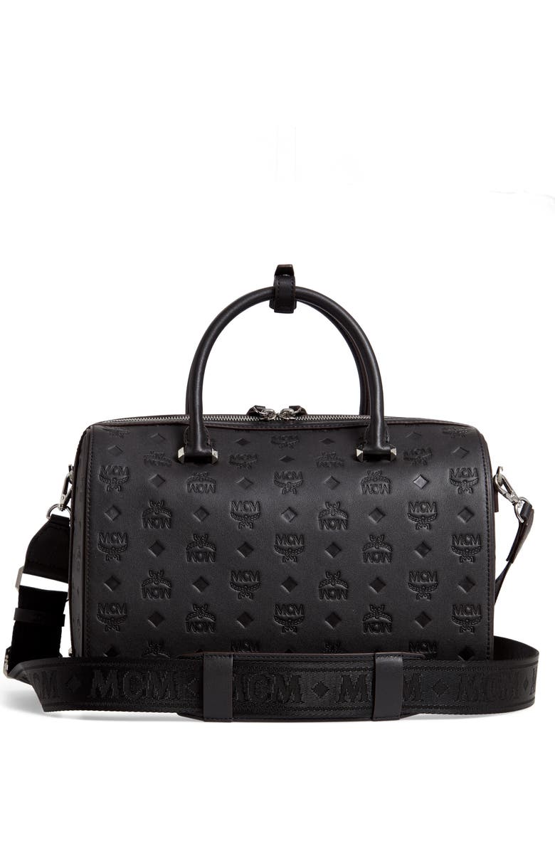MCM Essential Boston Monogram Leather Satchel, Alternate, color,