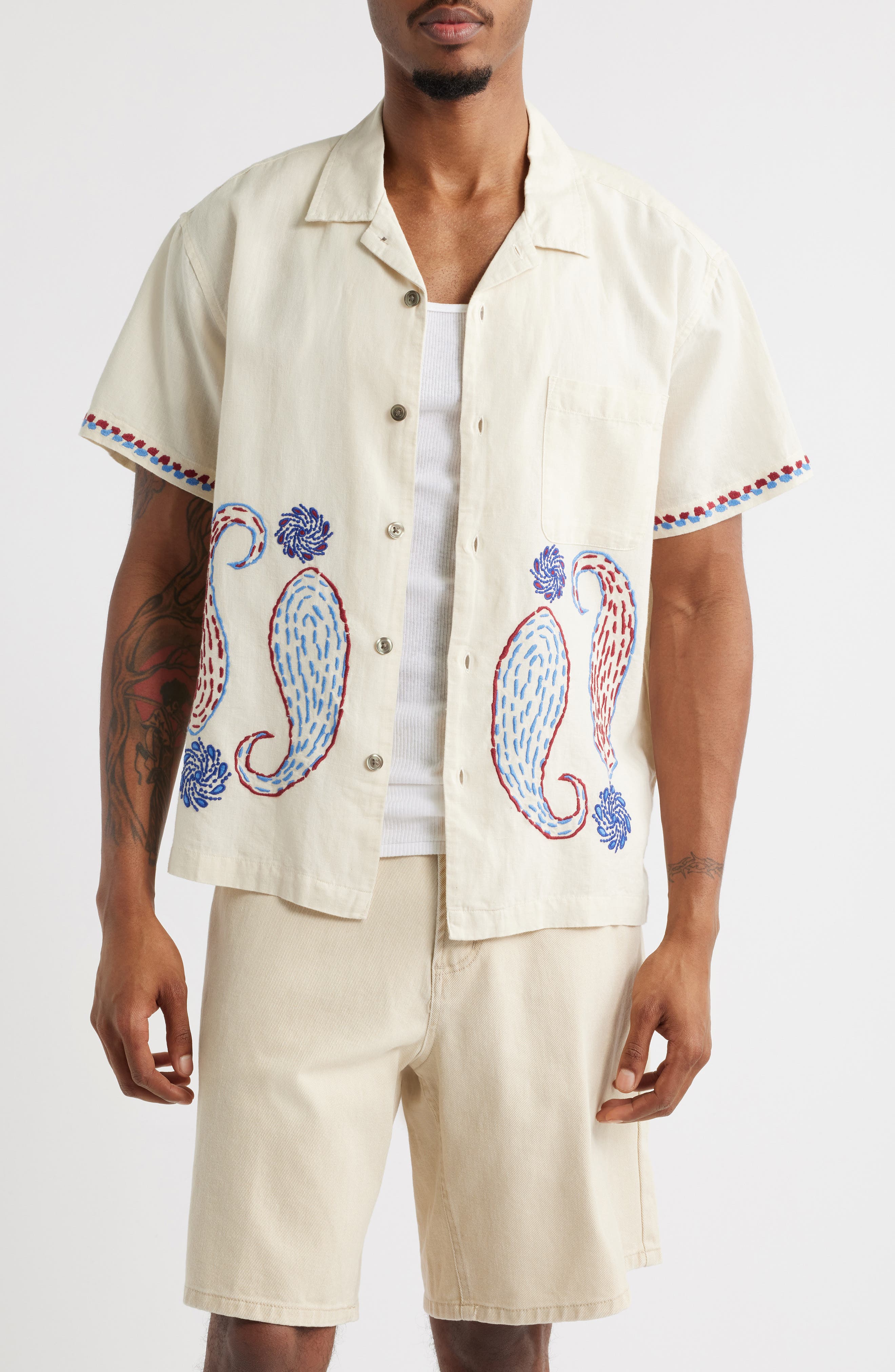 Obey Quentin Embroidered Short Sleeve Cotton &amp; Linen Button-Up Shirt