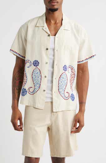 Obey Quentin Embroidered Short Sleeve Cotton & Linen Button-Up Shirt
