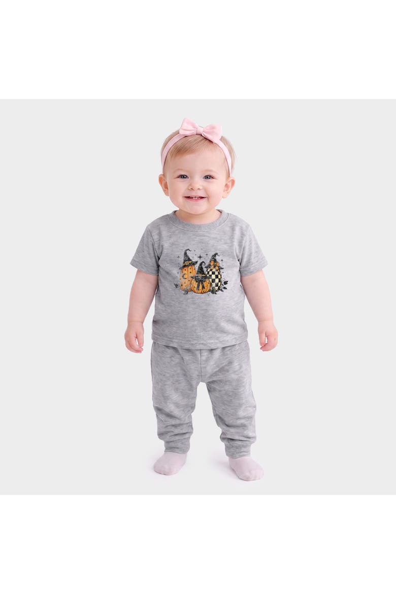 Witch Hat Pumpkins Infant Jogger Pant Crew Set, Alternate, color, Heather Grey